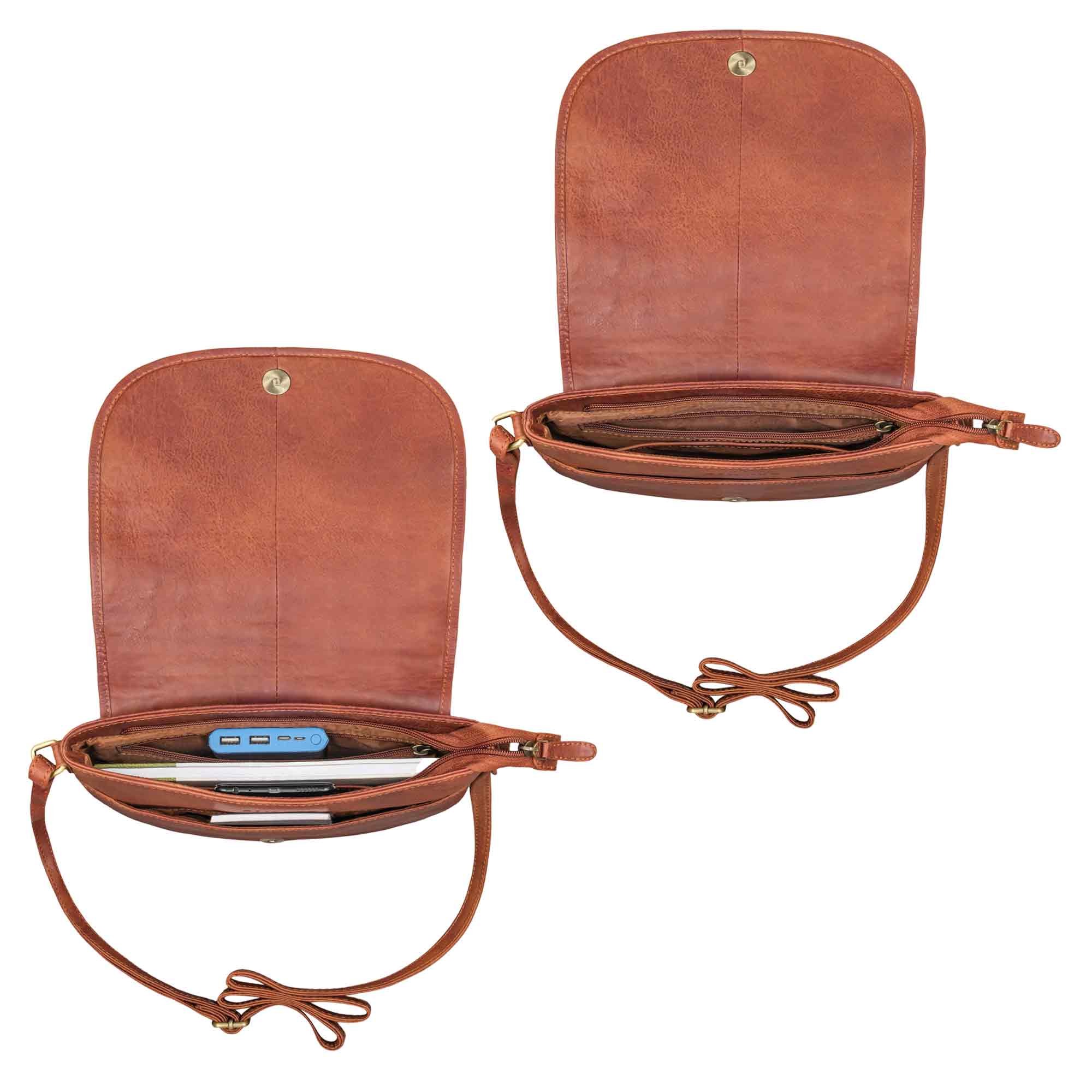 Handtasche Leder cognac im gefüllten und leeren Zustand aus der Draufsicht