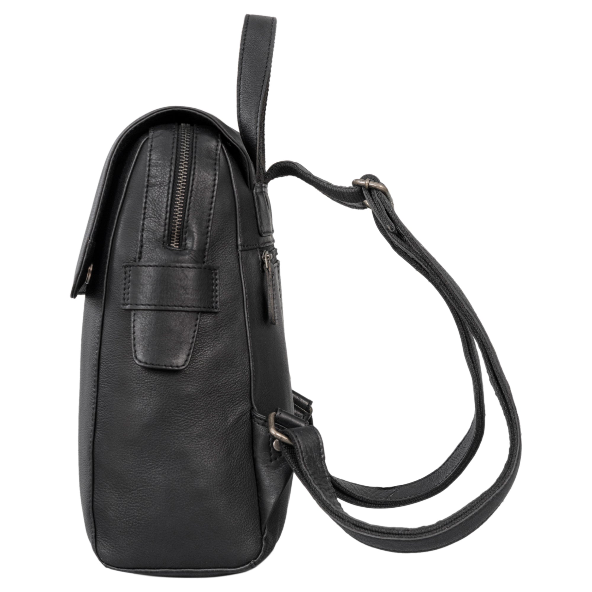 Daypack Leder in schwarz mit Reißverschlussfächern und Umschlag
