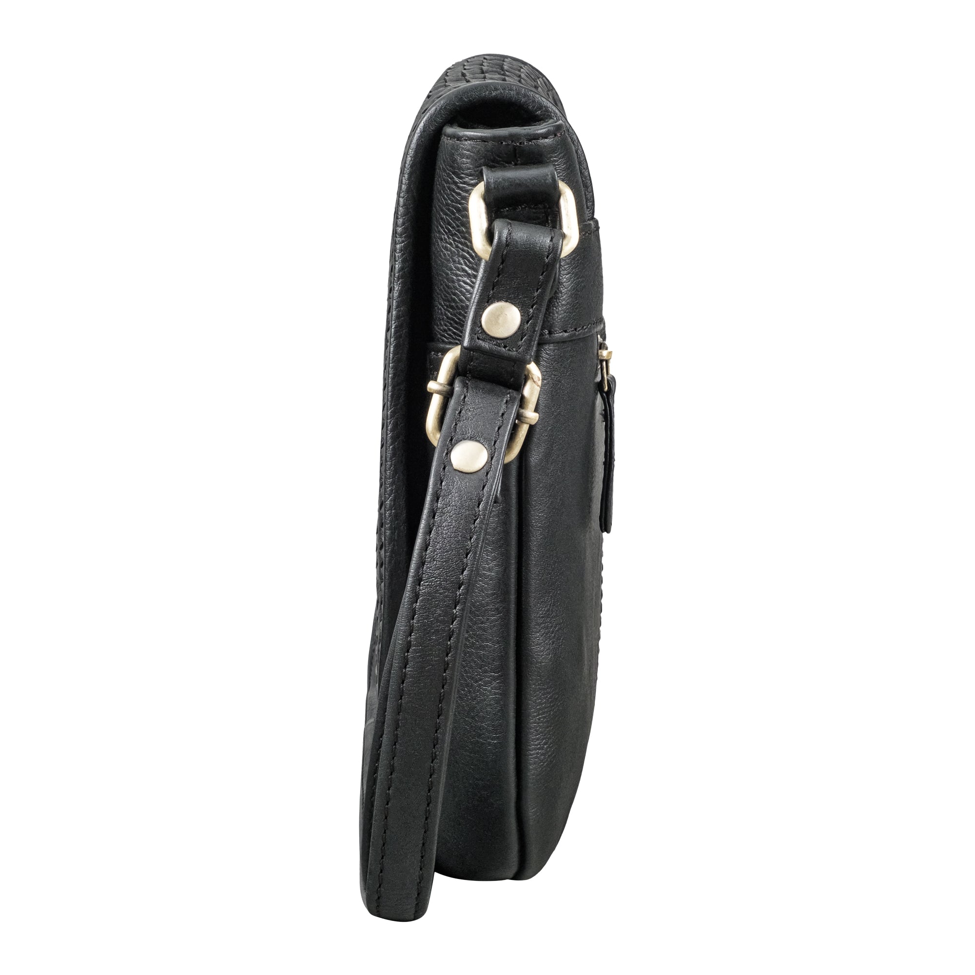 Leder Crossbody Tasche schwarz aus der seitlichen Perspektive