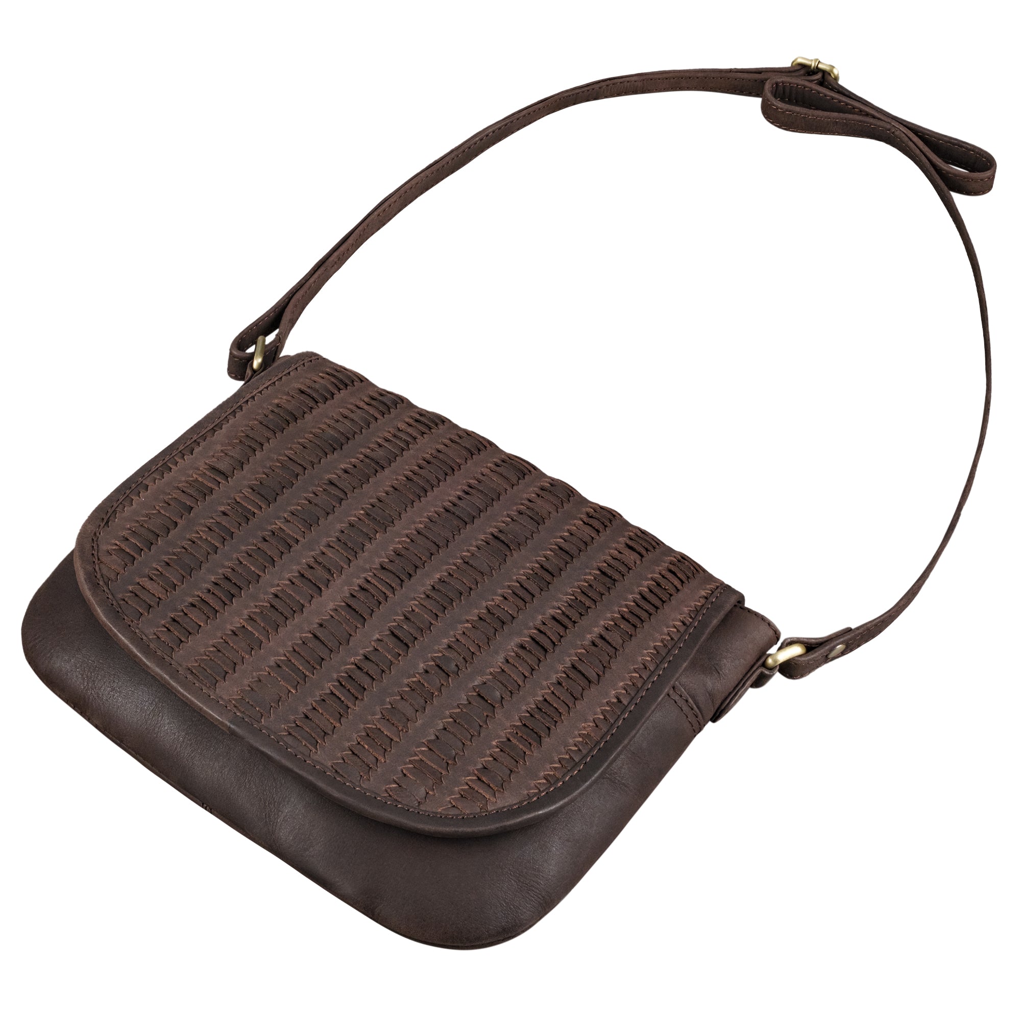 Kleine Ledertasche Damen braun mit Flecht-Optik auf dem Überschlagdeckel