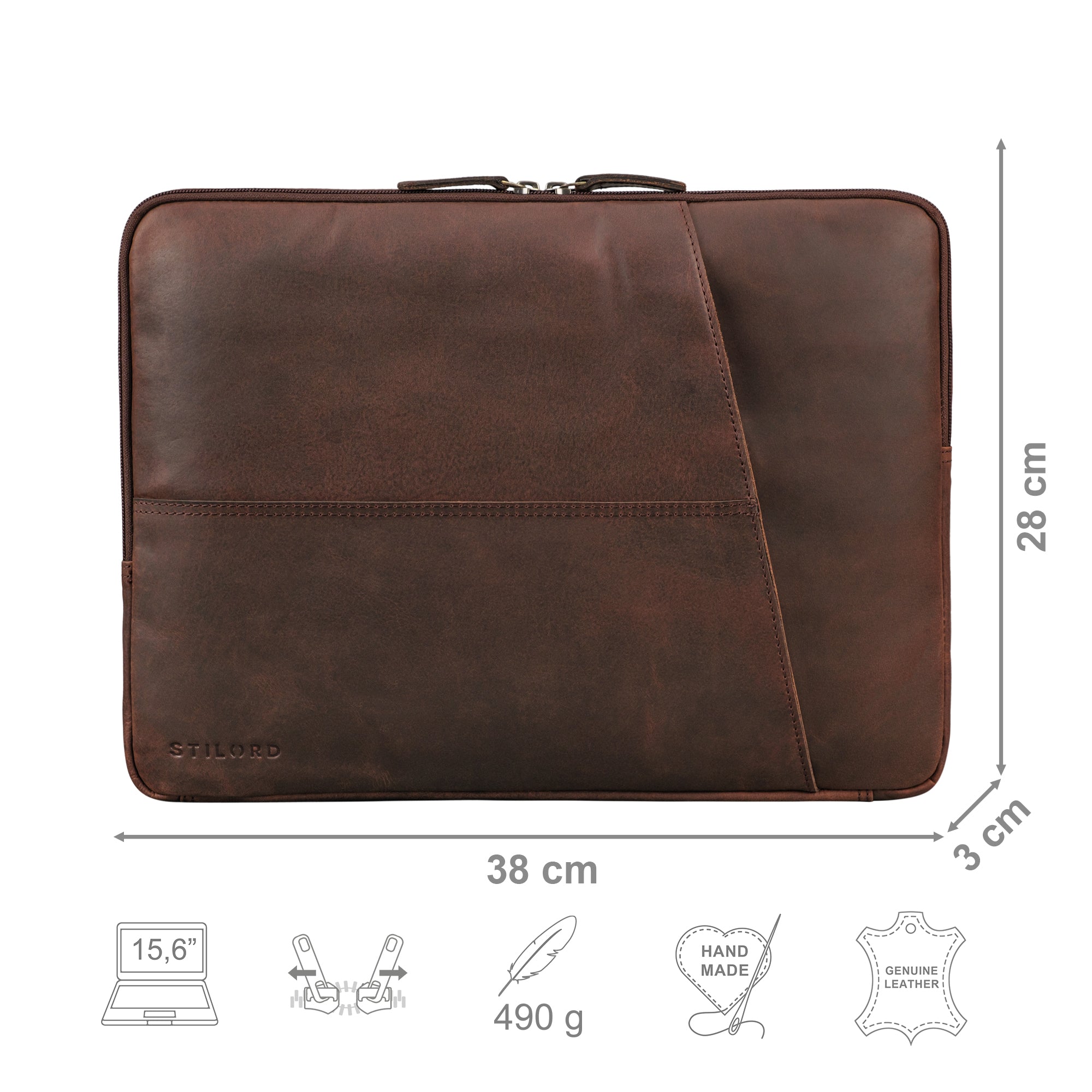 Laptoptasche Leder dunkelbraun mit Größenangaben und USP Icons