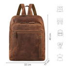 Daypack Leder klein braun mit Größenangaben und zusätzlichen Merkmal Icons