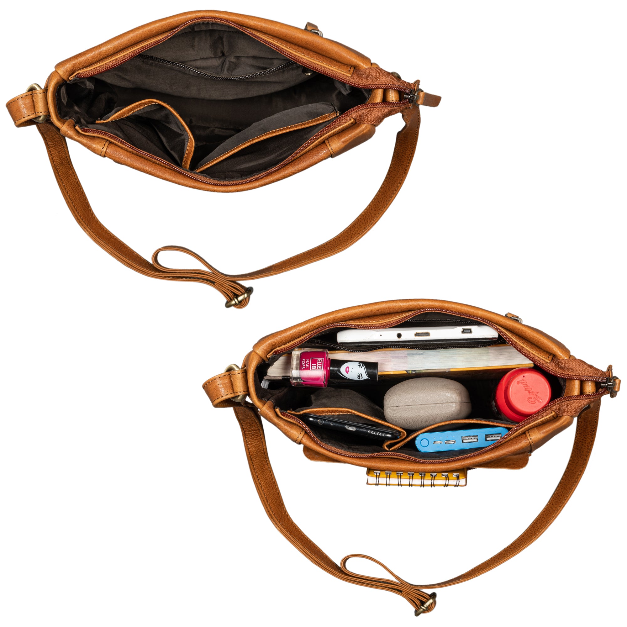 Handtaschen Damen in texas braun aus Leder mit leerem und organisiertem Hauptfach aus der Draufsicht