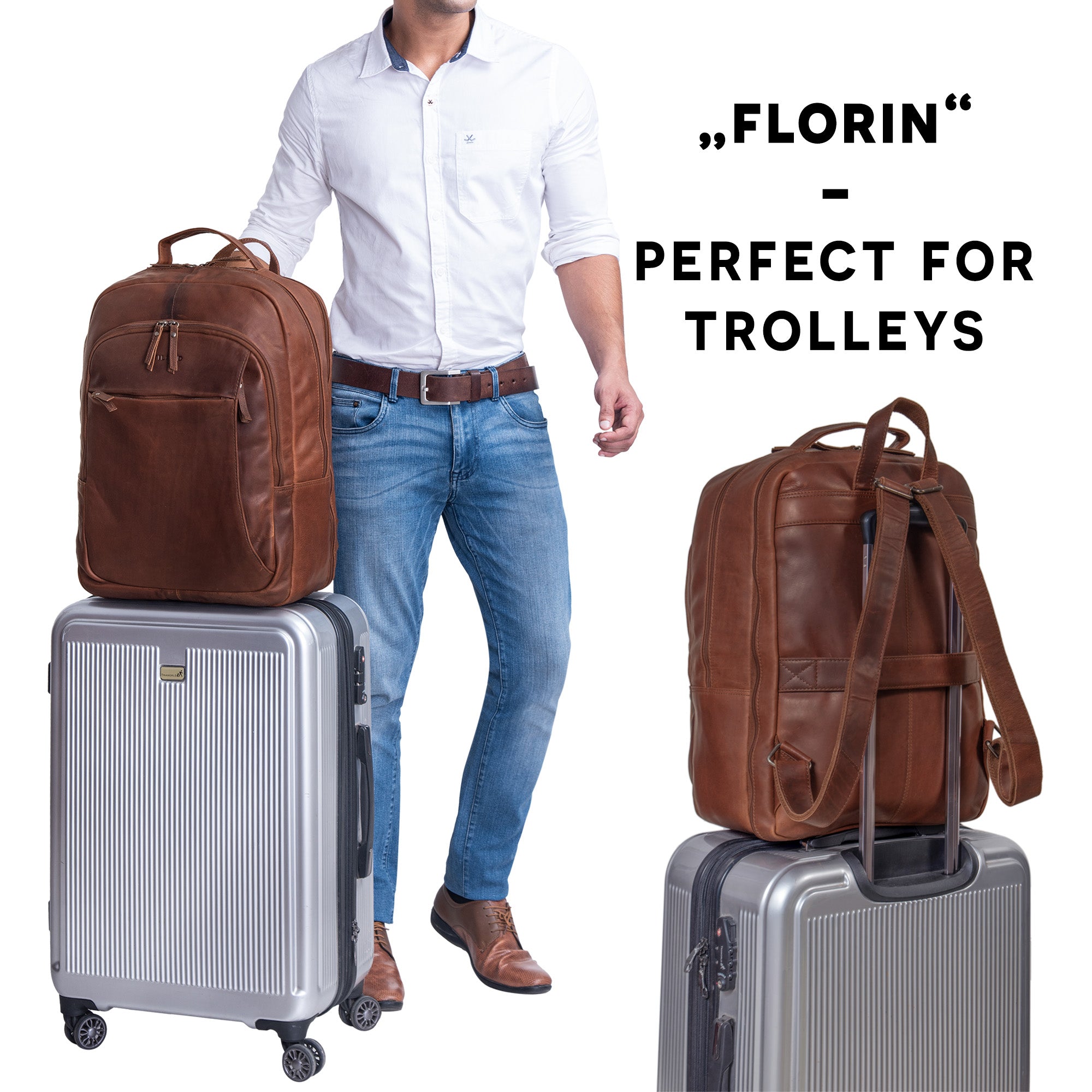 Lederrucksack Groß mit Trolley Halterung für Reisen