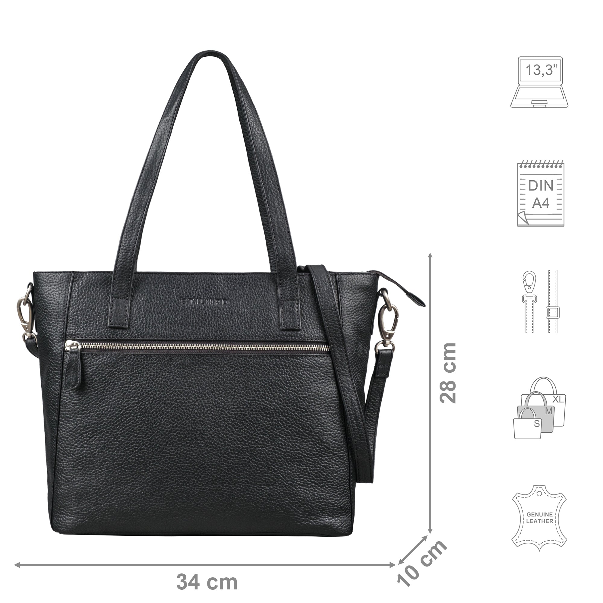 Tote Bag Leder schwarz mit Größenangaben und zusätzlichen USP Icons