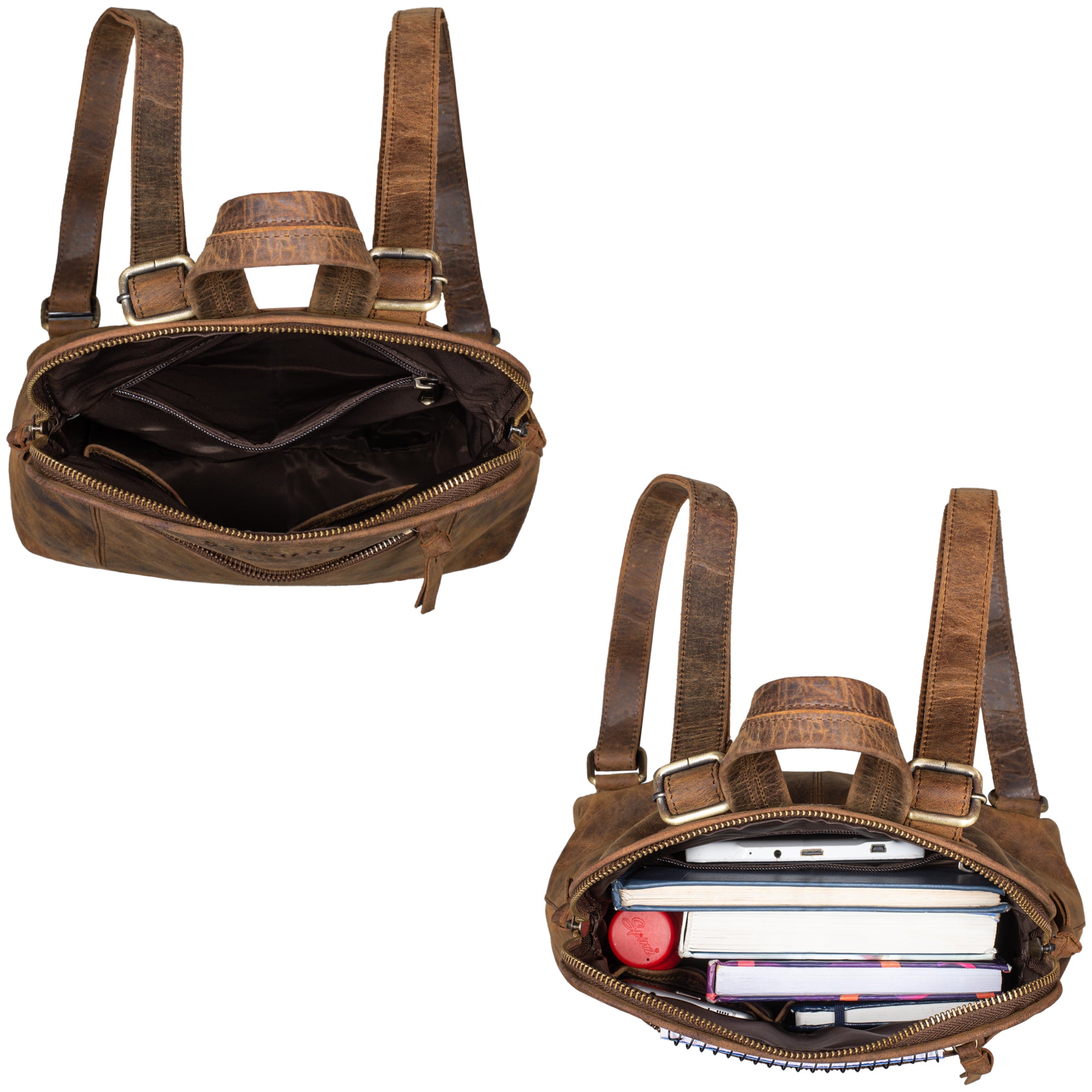 Rucksack und Tasche in einem Leder braun