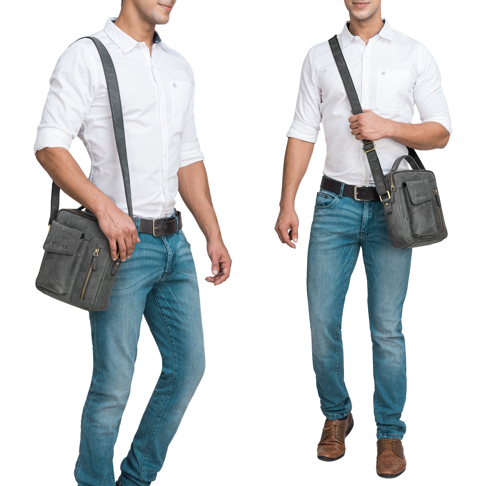 Herren Umhängetasche Leder grau Vintage