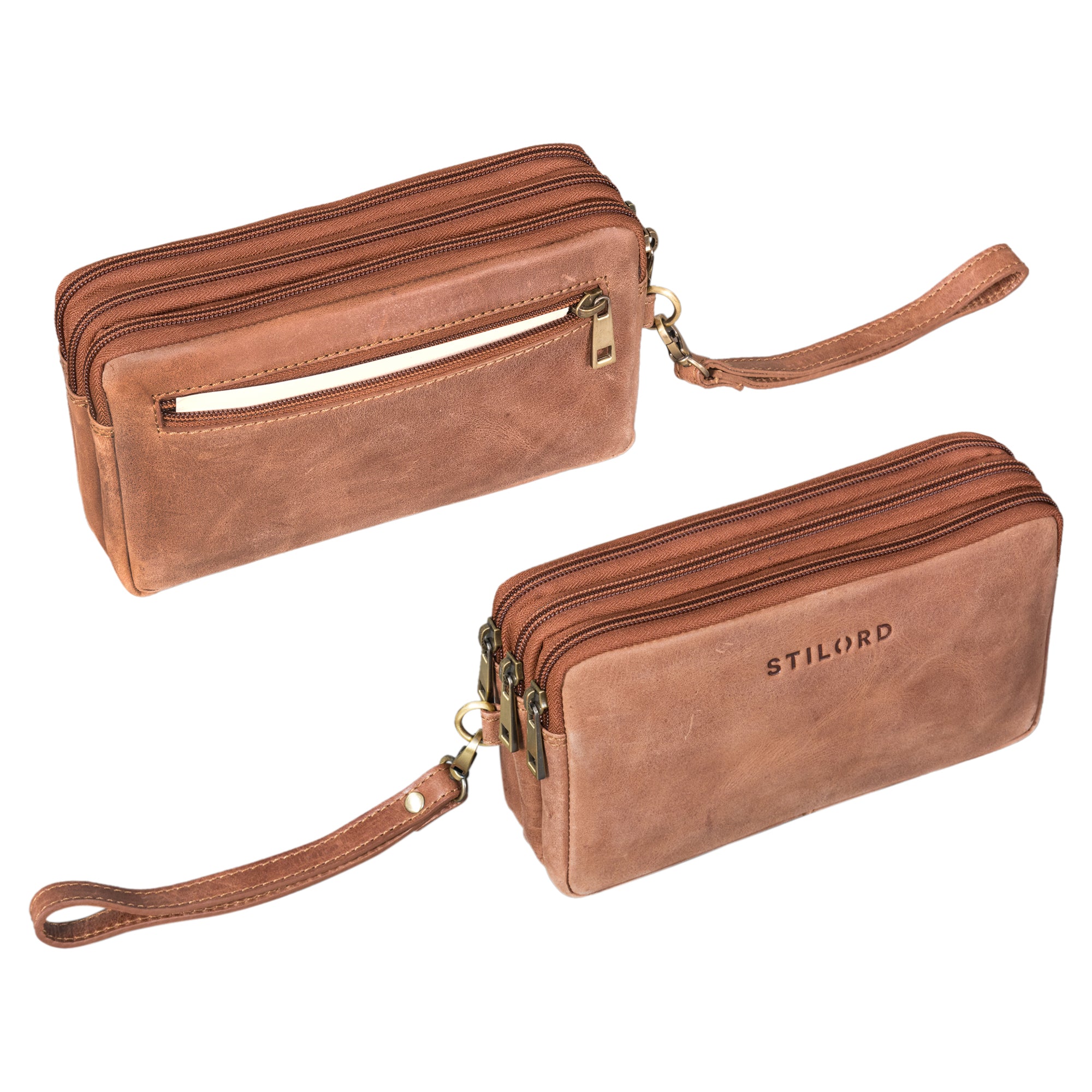 Herrenclutch modern abnehmbare Handgelenkschlaufe Leder braun