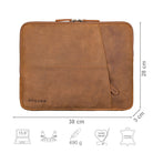 Laptoptasche Leder braun mit Größenangaben und zusätzlichen Merkmal Icons