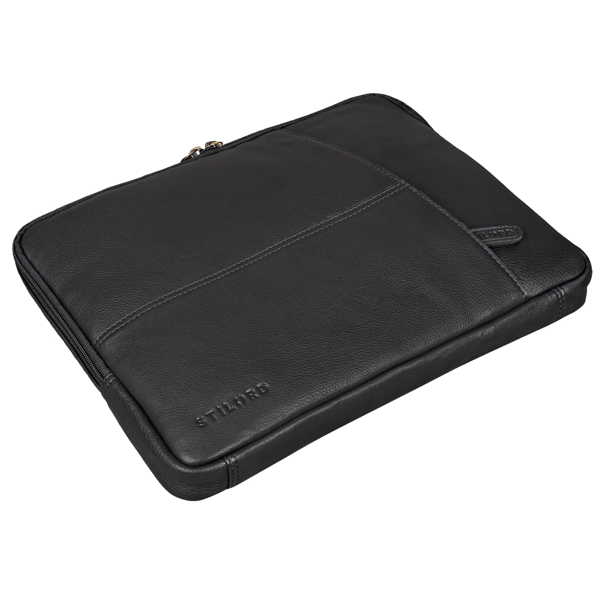 Laptop Sleeve Leder schwarz mit vorderem Reißverschlussfach