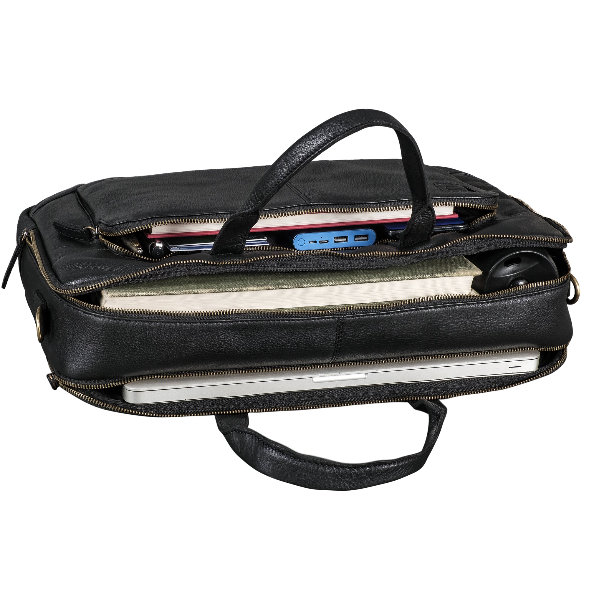 Aktentasche Leder Damen und Herren schwarz im gefüllten Zustand