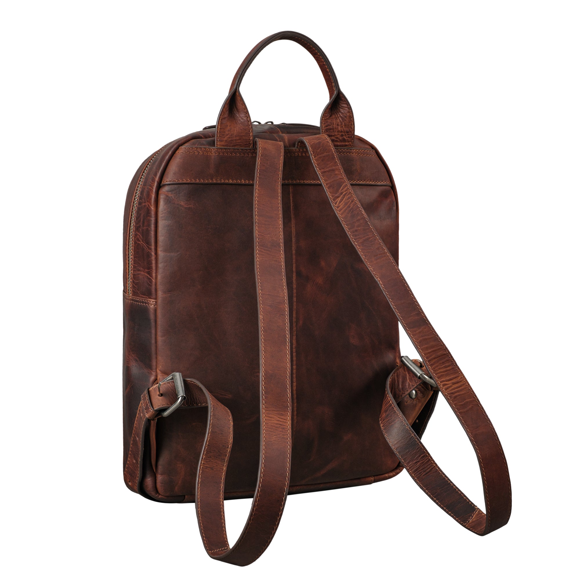 Lederrucksack Cognac mit verstellbaren Schultergurten in der hinteren Darstellung